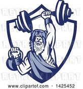Vector Clip Art of Retro Male Champion Norse Warrior, Berserker, Wearing a Pelt of Bear Skin, Lifting a Barbell and Kettlebell, Emerging from a Shield by Patrimonio