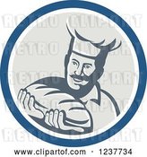 Vector Clip Art of Retro Male Chef Baker Holding Bread in a Beige and Blue Circle by Patrimonio
