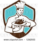 Vector Clip Art of Retro Male Chef Carrying a Roasted Chicken on a Platter in a Brown White and Blue Shield by Patrimonio