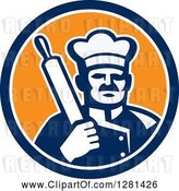 Vector Clip Art of Retro Male Chef Holding a Rolling Pin over His Shoulder in a Blue White and Orange Circle by Patrimonio