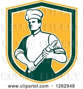 Vector Clip Art of Retro Male Chef or Baker Holding a Rolling Pin in a Yellow White and Green Shield by Patrimonio