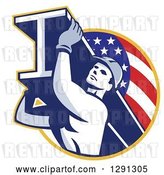 Vector Clip Art of Retro Male Construction Worker Carrying an I Beam and Emerging from an American Flag Circle by Patrimonio