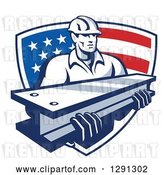 Vector Clip Art of Retro Male Construction Worker Carrying an I Beam and Emerging from an American Flag Shield by Patrimonio
