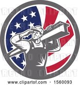 Vector Clip Art of Retro Male Construction Worker Shielding His Eyes and Carrying a Beam in an American Flag Circle by Patrimonio
