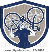Vector Clip Art of Retro Male Cyclist Repair Guy Holdig up a Bike in a Shield by Patrimonio