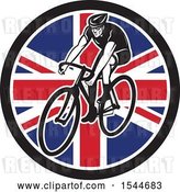 Vector Clip Art of Retro Male Cyclist Riding a Bicycle in a Union Jack Flag Circle by Patrimonio