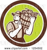 Vector Clip Art of Retro Male Farmer Carrying a Harvest Bushel Bucket in a Brown and Green Circle by Patrimonio
