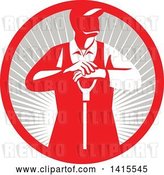 Vector Clip Art of Retro Male Farmer Leaning on a Shovel, Looking to the Side in a Red and Gray Sun Burst Circle by Patrimonio