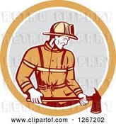 Vector Clip Art of Retro Male Firefighter Holding an Axe in an Orange White and Gray Circle by Patrimonio