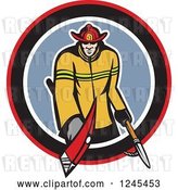 Vector Clip Art of Retro Male Firefighter with an Axe and Hook in a Circle by Patrimonio