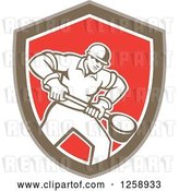 Vector Clip Art of Retro Male Foundry Worker Holding a Ladle in a Brown White and Red Shield by Patrimonio