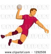 Vector Clip Art of Retro Male Handball Player Jumping and Preparing to Throw the Ball by Patrimonio