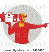 Vector Clip Art of Retro Male House Remover or Mover Holding a Home and Pointing, in Red Tones over a Gray Circle by Patrimonio