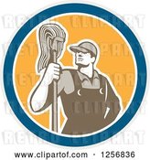 Vector Clip Art of Retro Male Janitor with a Mop in a Blue White and Yellow Circle by Patrimonio
