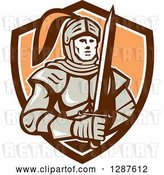 Vector Clip Art of Retro Male Knight in Armor, Holding a Sword in a Brown White and Pastel Orange Shield by Patrimonio