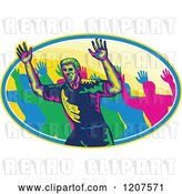 Vector Clip Art of Retro Male Marathon Runner and Crowd Holding up Hands in an Oval by Patrimonio