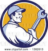 Vector Clip Art of Retro Male Mechanic Holding a Giant Wrench in a Blue White and Yellow Circle by Patrimonio