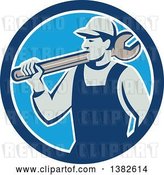 Vector Clip Art of Retro Male Mechanic Holding a Giant Wrench over His Shoulder in a Blue and White Circle by Patrimonio