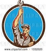 Vector Clip Art of Retro Male Mechanic Holding a Wrench Above His Head in a Brown White and Blue Circle by Patrimonio