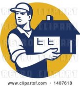 Vector Clip Art of Retro Male Mover Holding a House in a Yellow Circle by Patrimonio