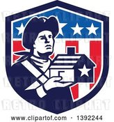 Vector Clip Art of Retro Male Patriot Soldier Holding a Home in an American Shield by Patrimonio