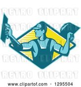 Vector Clip Art of Retro Male Plasterer Working in a Blue and Yellow Diamond by Patrimonio