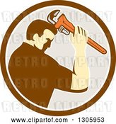 Vector Clip Art of Retro Male Plumber Bowing and Holding a Monkey Wrench to His Head in a Brown White and Beige Circle by Patrimonio