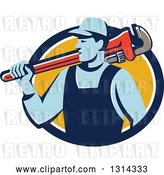 Vector Clip Art of Retro Male Plumber Holding a Giant Monkey Wrench over His Shoulder in a Blue White and Yellow Circle by Patrimonio