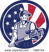 Vector Clip Art of Retro Male Plumber Holding a Large Monkey Wrench in an American Flag Circle by Patrimonio