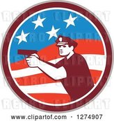 Vector Clip Art of Retro Male Police Officer Aiming a Firearm in an American Flag Circle by Patrimonio
