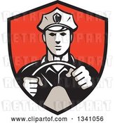 Vector Clip Art of Retro Male Police Officer Driving with Both Hands on the Steering Wheel in a Red and Black Shield by Patrimonio