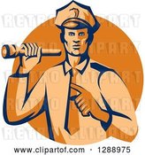 Vector Clip Art of Retro Male Police Officer Shining a Flashlight and Pointing over an Orange Circle by Patrimonio