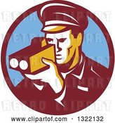 Vector Clip Art of Retro Male Police Officer Using a Speed Radar Camera in Maroon and Blue Circle by Patrimonio