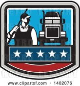 Vector Clip Art of Retro Male Pressure Washer Worker Standing with a Wand over His Shoulder by a Big Rig Truck in a Crest by Patrimonio