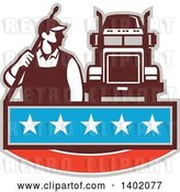 Vector Clip Art of Retro Male Pressure Washer Worker Standing with a Wand over His Shoulder by a Big Rig Truck over a Banner with Stars by Patrimonio