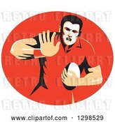 Vector Clip Art of Retro Male Rugby Player Fending in a Red Oval by Patrimonio