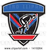 Vector Clip Art of Retro Male Rugby Player in a Black Gray Red White and Blue Shield by Patrimonio