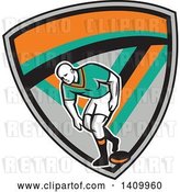 Vector Clip Art of Retro Male Rugby Player in a Gray Turquoise Black and Orange Shield by Patrimonio