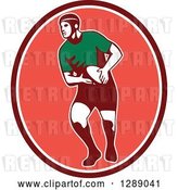 Vector Clip Art of Retro Male Rugby Player Passing the Ball in a Maroon White and Pink Oval by Patrimonio