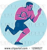 Vector Clip Art of Retro Male Rugby Player Running and Fending in a Blue Circle by Patrimonio