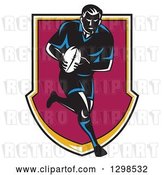 Vector Clip Art of Retro Male Rugby Player Running and Passing in a Shield by Patrimonio
