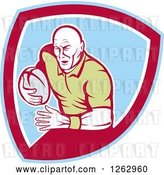 Vector Clip Art of Retro Male Rugby Player Running in a Blue Red and White Shield by Patrimonio