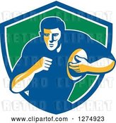 Vector Clip Art of Retro Male Rugby Player Running in a Blue White and Green Shield by Patrimonio