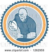 Vector Clip Art of Retro Male Rugby Player Running in a Blue White and Orange Circle by Patrimonio
