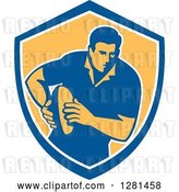Vector Clip Art of Retro Male Rugby Player Running in a Blue White and Yellow Shield by Patrimonio
