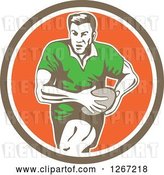 Vector Clip Art of Retro Male Rugby Player Running in a Brown White and Orange Circle by Patrimonio
