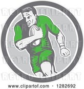Vector Clip Art of Retro Male Rugby Player Running in a Gray and White Circle by Patrimonio