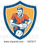 Vector Clip Art of Retro Male Rugby Player Running in a Gray Blue White or Yellow Shield by Patrimonio