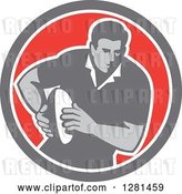 Vector Clip Art of Retro Male Rugby Player Running in a Gray White and Red Circle by Patrimonio