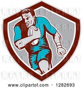 Vector Clip Art of Retro Male Rugby Player Running in a Taupe Maroon White and Gray Shield by Patrimonio